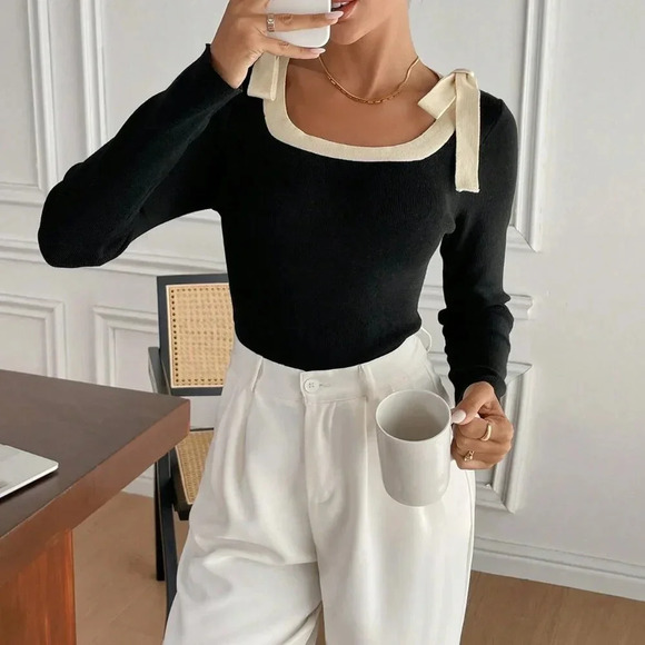 Sweaters - Black Casual Women's ' Contrast Color Tie Front Long Sleeve Sweater